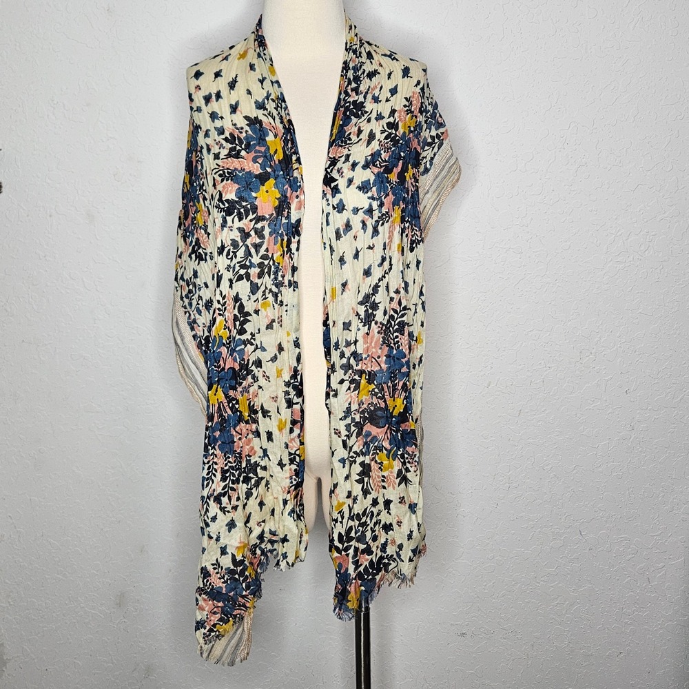 Ann Taylor LOFT Floral Scarf Cream Blue Pink Yellow Gauze Frayed Edge Boho Wrap - Picture 4 of 7